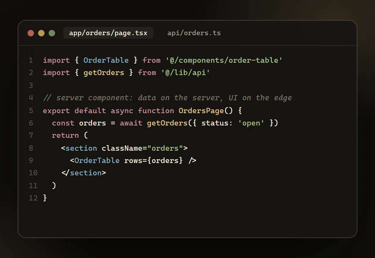Illustration: a Next.js server component in TypeScript loading data for a table
