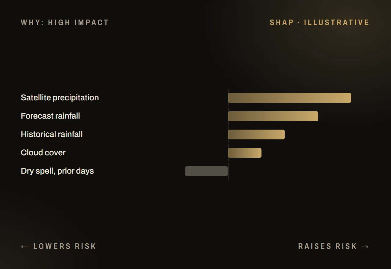 Illustration: SHAP-style feature contributions explaining a high-impact rain prediction